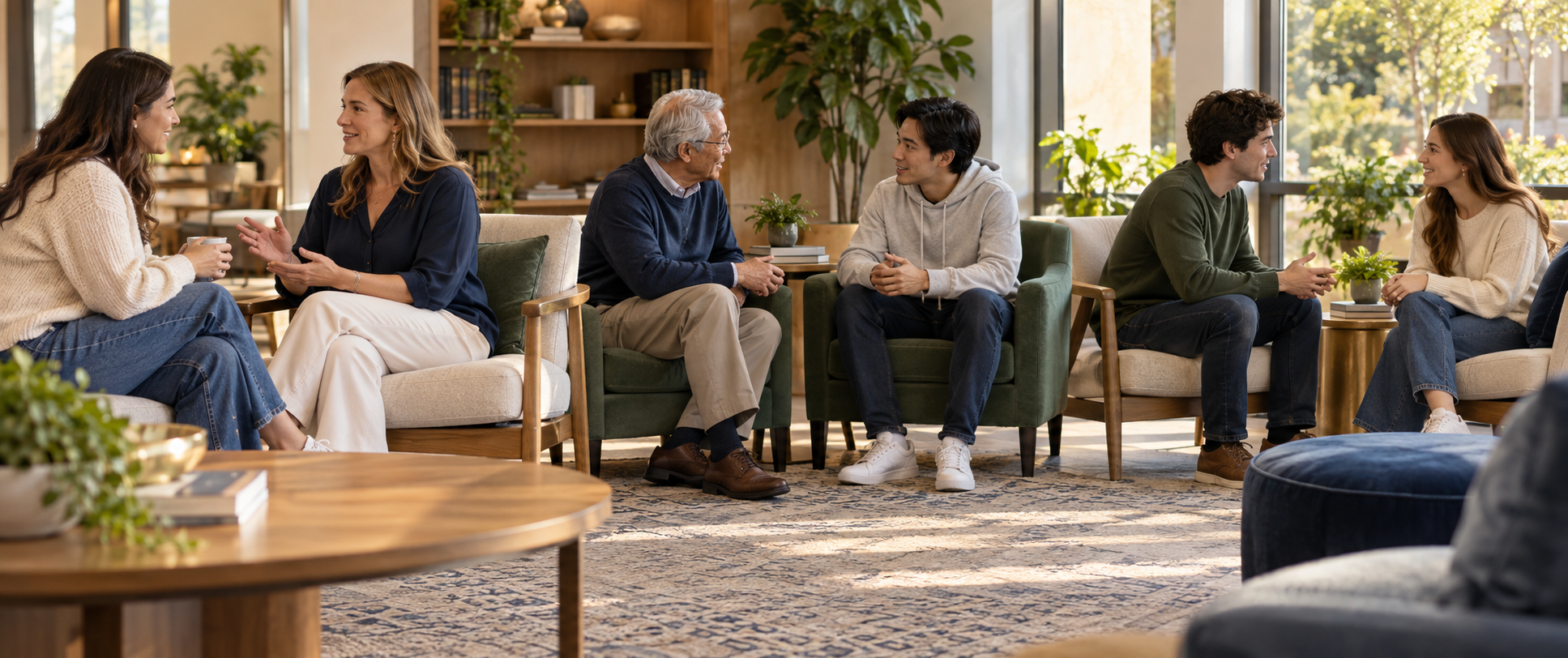 Adults sharing attentive, friendly conversations in everyday settings